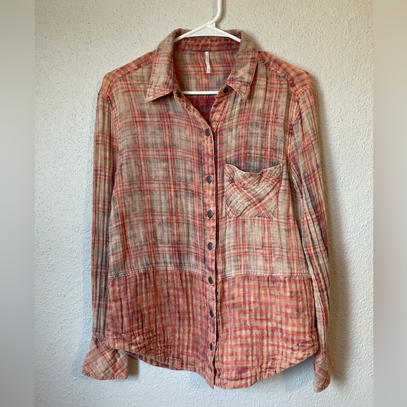 Free People Orange Gauze Plaid Button Down Top Size Small - Picture 2 of 7